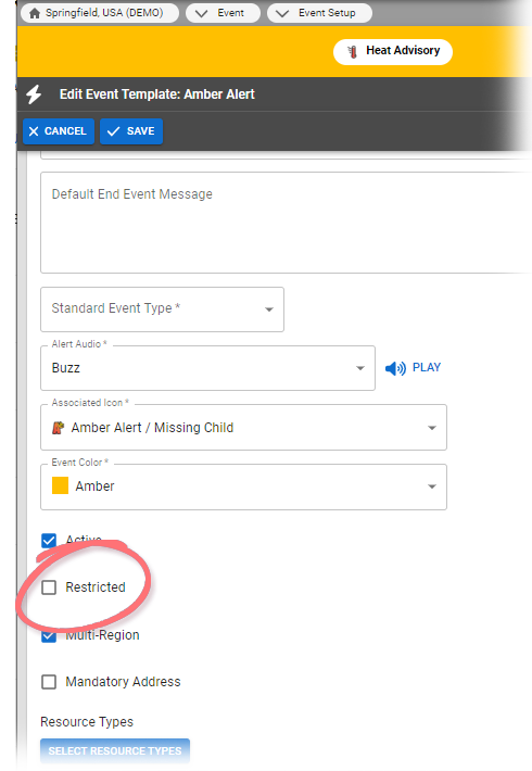 EMResource Set up Event Restrictions Restricted Checkbox